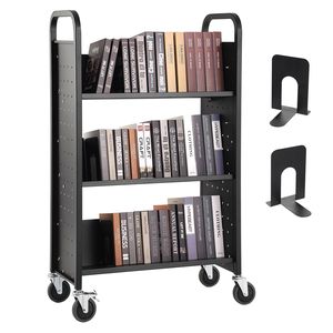 Carrello Porta Libri a Rotelle Monofacciale con Capacità di 150 kg, 79,5 cm x 38,7 cm x 124,7 cm, Ripiani Inclinati a V in Acciaio, Blocco da 4 Pollici - Product Image 1