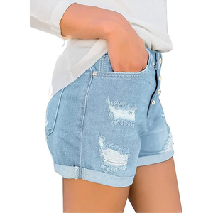 Shorts de mezclilla elásticos de tiro alto con bolsillos traseros rasgados y dobladillo sin rematar para curvas, shorts de mezclilla desgastados para mujer - Product Image 2