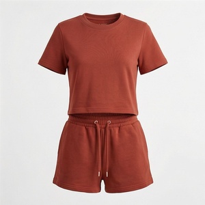 Conjunto de 2 Piezas para Mujer, Color Sólido, Tejido de Punto, Top de Manga Corta con Cuello Redondo, Shorts por Encima de la Rodilla con Cordón Ajustable, Estilo Casual para Primavera/Verano - Product Image 1