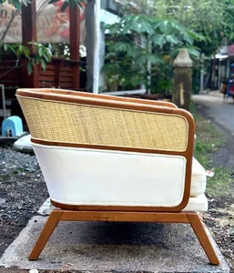 Sillón Moderno de Madera Maciza con Detalles en Ratán, Sillón Acolchado para Sala de Estar, Recepción de Hotel - Product Image 4