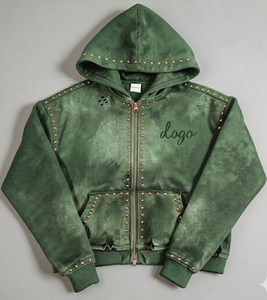 Sweat à capuche pour homme personnalisé, style streetwear, coupe ample à épaules tombantes, en molleton 100% coton, fermeture éclair, avec rivets et strass, grammage lourd - Product Image 3