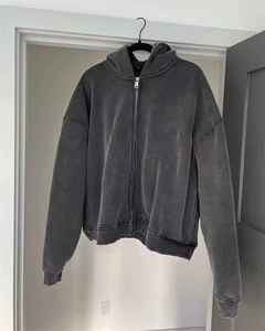Sweat à capuche zippé vintage délavé à l'acide pour homme, coupe oversize streetwear, en coton épais 100%, imprimé animal, coupe carrée, gris anthracite, style rétro - Product Image 6