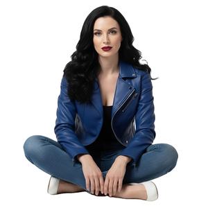 Blouson de moto en cuir bleu pour deux personnes, personnalisé, vente en gros, prix d'usine, style motard authentique, veste tendance pour femmes - Product Image 1