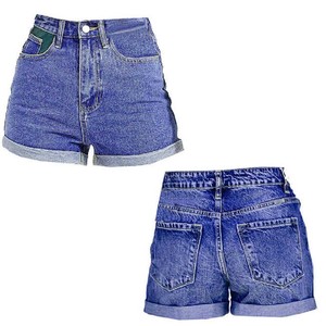 Shorts de Mezclilla para Mujer, Cintura Alta, Lavado a la Piedra, Resistentes al Viento, de Secado Rápido, Impermeables, Casuales, Estilo Vintage, Corte Recto, Algodón, Azul - Product Image 1