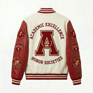 Veste universitaire d'hiver pour homme, manches rouges, corps blanc, logo brodé en chenille personnalisé, veste de baseball Letterman - Product Image 2