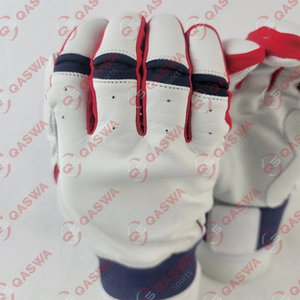 Qaswa Sports Professional Cowskin Leather Batting Gloves White Red Long Cuff Ambidextrous Breathable <b>Hook</b> Loop Closure - Product Image 5