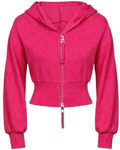 Womens Hot Pink <b>Cropped</b> <b>Zip</b> <b>Up</b> Hoodie Slim Fit Long Sleeve Casual Streetwear Cotton Fleece Sweatshirt Custom Logo ODM Factory - Product Image 1