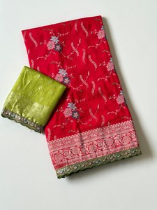 Premium Hand Dyed Georgette Jacquard Saree – Heavy Jari Weaving with Embroidery Lace Blouse Piece - Product Image 3