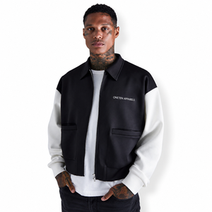 ONETEN APPARELS Veste bomber unisexe noire et blanche unie à capuche, col à revers, vêtement décontracté d'automne, écologique, 100% coton - Product Image 1