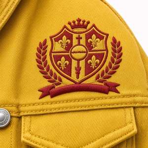 Chaqueta Casual de Mezclilla Roja para Mujer PDK, Ropa de Sororidad con Escudo Bordado en el Pecho, Bolsillos con Doble Solapa, Cierre Frontal con Botones - Product Image 5
