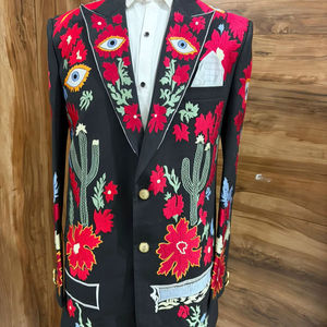 Blazer noir brodé de fleurs pour homme avec motif œil artistique – Veste de costume de créateur pour fêtes et mariages - Product Image 1