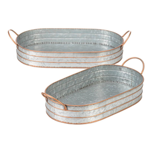 Bandeja Ovalada de Metal Galvanizado con Asas de Cobre, Acabado Cepillado, para Uso Residencial y en Resorts, Bandejas para Servir Alimentos - Product Image 1