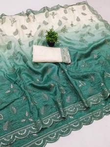 Sari indio de estilo Bollywood de puro chiffon de seda con borde de encaje bordado y blusa, sari para fiesta. - Product Image 4