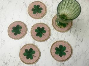 Four Leaf Clover <b>Beaded</b> Coaster <b>Set</b> Lucky Clover Drink Coasters Handmade Shamrock Coasters Green Leaf Mug Mats Coaster - Product Image 1