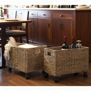 Set of 2 woven seagrass <b>baskets</b> with wheels Handmade <b>Storage</b> <b>Basket</b> Wholesale eco-friendly Made in Vietnam - Product Image 4
