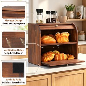 <b>Large</b> 2 Layer Wooden <b>Bread</b> Box Roll Top <b>Bread</b> Storage <b>Bin</b> Natural Bamboo Wood Food Organizer For Kitchen Counter Wholesale - Product Image 4