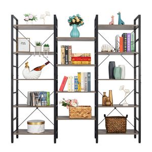 "French Vintage Industrial 5 Shelf <b>Wood</b> Metal <b>Bookcase</b> Triple Wide Open Bookshelf Large Etagere Furniture" - Product Image 4