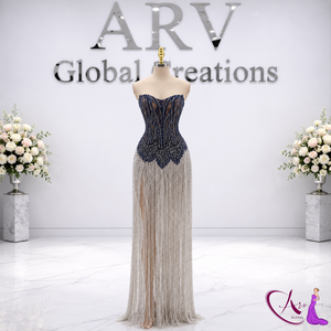 Maison Lusso Navy Blue Strapless Beaded Evening Gown with High Slit & Built-in <b>Bra</b> | Premium Mesh Fabric for Formal Occasions - Product Image 3