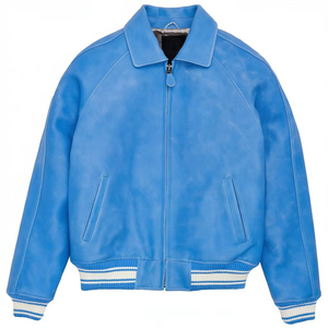Blouson Bomber Homme en Cuir PU Bleu Col Rabattu Fermeture Éclair Poignets Côtelés Manteau Sportif Automne - Product Image 1