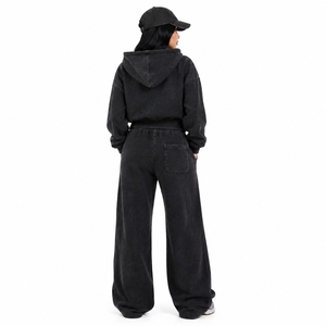 Survêtement noir délavé avec veste courte zippée et pantalon large, style streetwear décontracté, 100% coton molletonné, fermeture éclair intégrale, pour femmes, fournisseur - Product Image 2