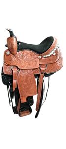 Selle en cuir occidental haut de gamme artisanale avec finition bicolore, siège rembourré en daim noir et motifs floraux complexes gravés à la main - Product Image 4