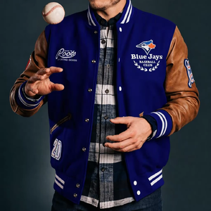 Blouson universitaire de baseball personnalisé à un bouton avec col rayé, en polyester tendance, idéal pour les couples, polyvalent, directement de l'usine - Product Image 1