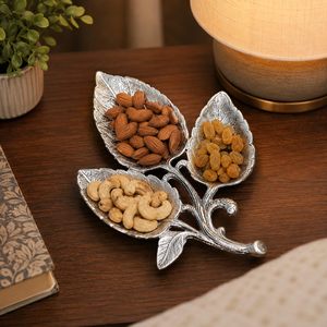 <b>Vintage</b> Silver Metal Leaf Shaped Serving Tray 3 Compartment Dry Fruit Platter Decorative Snack Bowl Tabletop Home Decor - Product Image 2