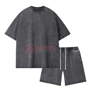 Conjuntos de dos piezas personalizados para hombres, camiseta transpirable con lavado ácido, conjunto de pantalones cortos, ropa de calle informal de algodón pesado - Product Image 3