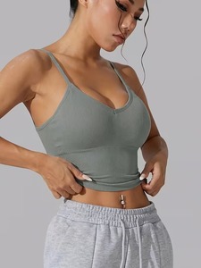 High <b>Stretch</b> Seamless Knit White Athletic <b>Bra</b> | Deep V Neck Strappy Yoga Top | Compression Molded Non Fade Sportwear Cami - Product Image 5