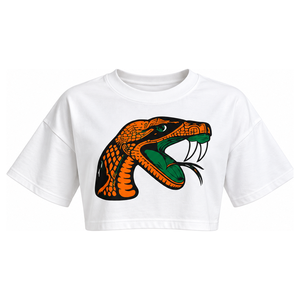 Camiseta Corta Personalizada para Mujer, Universidad Agrónoma y Misionaria de Florida (FAMU), Rattlers, Blanca, Oversize, con Gráfico de Mascota, Venta al Por Mayor, OEM - Product Image 1
