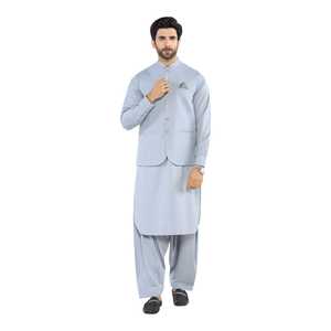 Nouvel ensemble Kurta Pajama traditionnel bleu clair avec gilet, coupe régulière, toutes saisons, tenue décontractée, style Inde Pakistan - Product Image 1