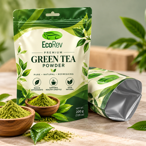 Premium Green Tea Powder 100g Stand up <b>Pouch</b> <b>with</b> Valve Zipper Top Resealable Laminated Silk Screen Printed Food Grade Packaging - Product Image 5