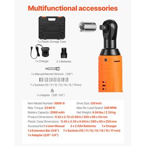 Set di Chiavi a Cricchetto Elettriche a Batteria 12V, Attacco da 3/8 Pollici, 240 RPM, 33 ft Lbs di Coppia, Garanzia di 1 Anno - Product Image 2