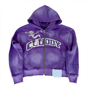 Sudadera con capucha y cremallera extragrande con logo personalizado, efecto desgastado, de alta calidad, 400 GSM, con lavado efecto descolorido por el sol y pedrería. - Product Image 5