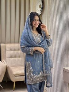 <b>Women</b> Traditional Gray Floor Length <b>Kurta</b> Set With Embroidery India Pakistan Wedding Ethnic Wear Regular Fit - Product Image 4