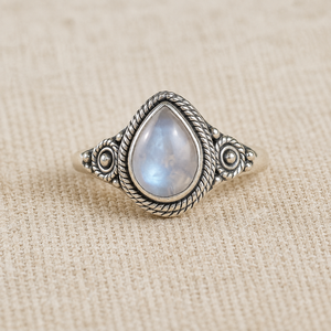 925 Sterling <b>Silver</b> Pear Rainbow Moonstone Vintage Rope Bezel Artisan Boho <b>Statement</b> <b>Ring</b> Rose Gold & Yellow Gold Plated - Product Image 5