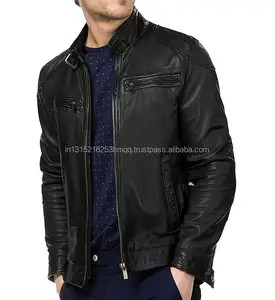Jaket kulit hitam untuk pria klasik gaya baru India grosir harga murah jaket kulit pria Vintage buatan kustom