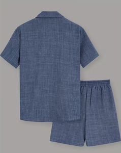 Men's Solid Color Short Sleeve Shirt Shorts Set Breathable Woven Knitted Quick Dry Summer Casual Wear Drawstring Lounge Outfit - Product Image 2
