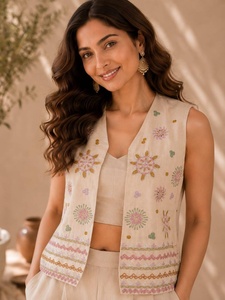 Conjunto de Chaleco Bordado de Algodón para Mujer con Pantalones hasta el Tobillo, Estilo Étnico Informal, Corte Holgado de Verano, Estilo India Pakistán - Product Image 4