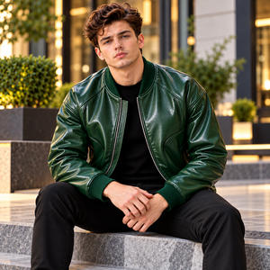 Chaqueta Bomber de Cuero Genuino para Hombre, Color Verde Bosque, Cuello Acanalado, Cierre de Cremallera, Chaqueta de Motociclista a la Moda, Ropa Exterior Personalizada al por Mayor - Product Image 5