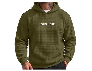 Sudadera con Capucha de Punto Tipo Waffle Verde Oliva para Hombre, Corte Regular Informal, con Bolsillo Delantero - Product Image 1