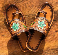 Sandales à bout ouvert en cuir véritable de vachette véritable fait à la main pour femmes style occidental décontracté extérieur tongs plates turquoise