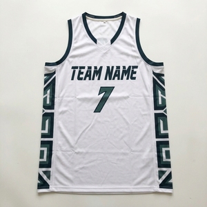 Conjunto de Uniforme de Baloncesto Sublimado Personalizado al por Mayor, Blanco y Verde, para Hombre, sin Mangas, Cuello en V, con Diseño de Paneles, Pantalones Cortos - Product Image 4