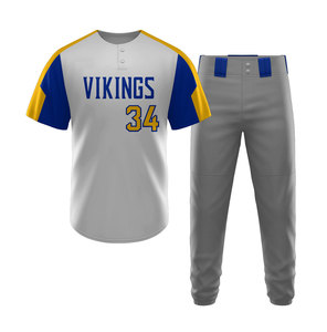 Ensemble uniforme de baseball Vikings pour hommes, maillot à manches courtes et pantalon gris, bleu, jaune, sublimé, respirant, vêtements d'équipe - Product Image 1