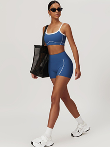Women's <b>Blue</b> Solid High Support Spandex 2-Piece Sports <b>Bra</b> Shorts Set White Stripe Detailing Breathable Knitted Activewear Yoga - Product Image 4