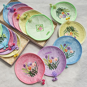 Korean Traditional Floral Embroidery Round <b>Coaster</b> Reusable Fabric Cup Tea Coffee Mat Decorative <b>Table</b> Accessory Gift Souvenir - Product Image 3
