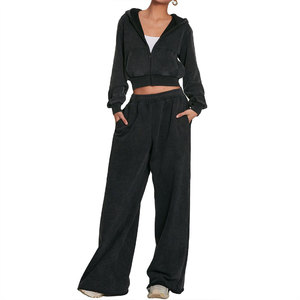 OEM ODM Women Acid Wash Cropped <b>Zip</b> <b>Up</b> Hoodie & Loose Fit Sweatpants Casual Athletic Streetwear Fashion Hooded Zipper Tracksuit - Product Image 1