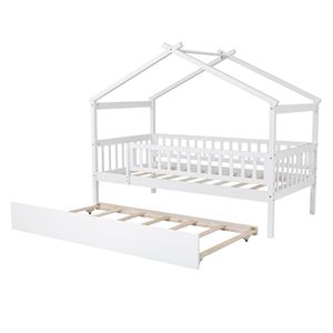 Letto a casetta in legno per bambini, misura singola, con letto estraibile bianco per bambini - Product Image 6