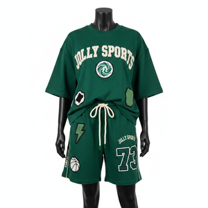 Ensemble haut et short en jersey de coton premium pour femme, vert foncé, avec broderie personnalisée, logo sur mesure, 100% coton, haut court et short. - Product Image 4