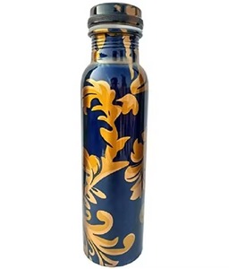 Botella de Agua de Cobre de Excelente Fabricación, Diseño Floral Azul Dorado, Estilo Vintage, Portátil, para Viajes, con Tapa - Product Image 3